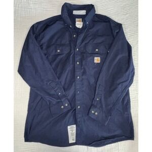 Carhartt‎ FR Flame Resistant Button Down Work Shirt Long Sleeve Navy Blue Large